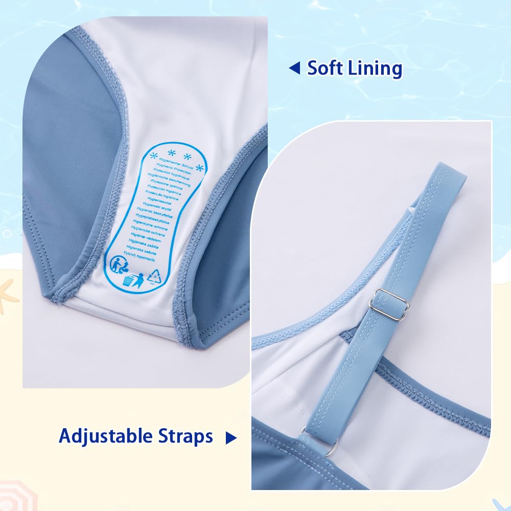 Belovance Girls Swimsuits One Piece Bathing Suit Solid Color Blocking Tween Swimming Suit Summer Modest Beach Swimwear Adjustable Straps Quick Dry Size 9 10 (10Y, Blue)