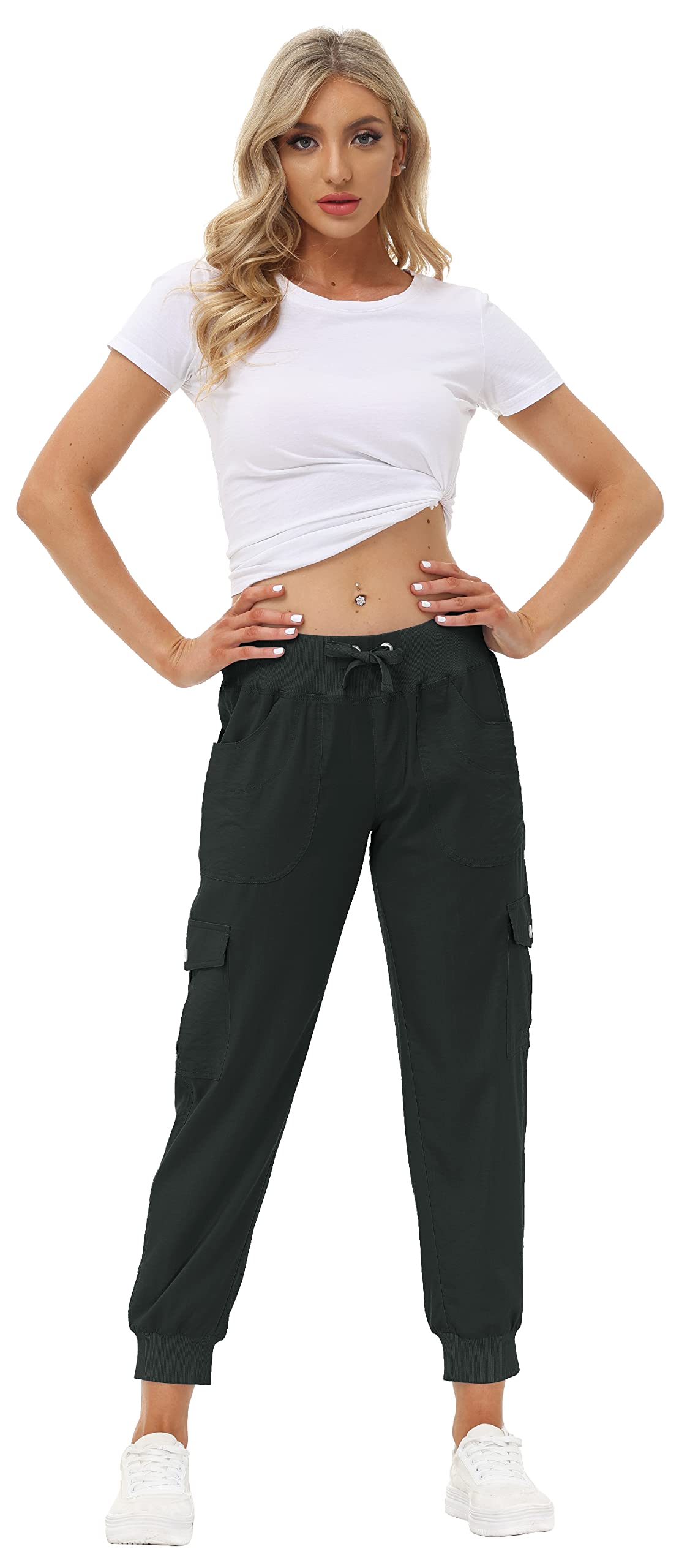 MoFiz Women Cargo Pants with Pockets Lightweight Outdoor Summer Travel Casual Hiking Pants Running Joggers Sweatpants Elastic Waist Dark Grey 3XL