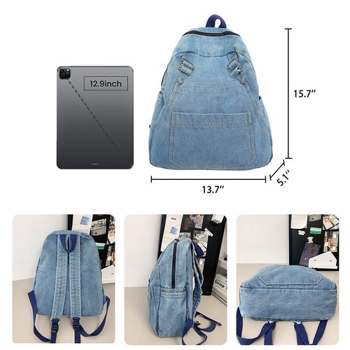 KAOBIO Denim Backpack for Women Men Casual Y2k Grunge Aesthetic Canvas Daypack Lightweight Rucksack Durable Jeans Bag (Light Blue)