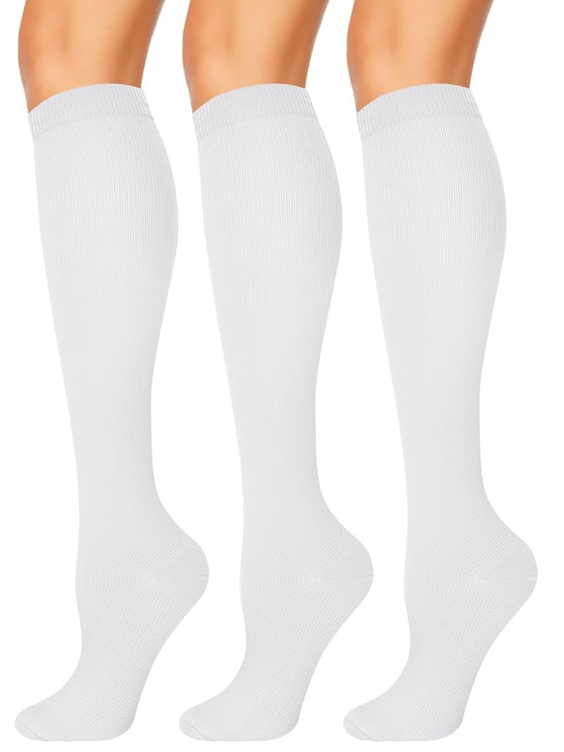 NANNBAKE 3 Pairs Compression Socks for Men & Women 15-20 mmHg Knee High White Small-Medium - Variation 02