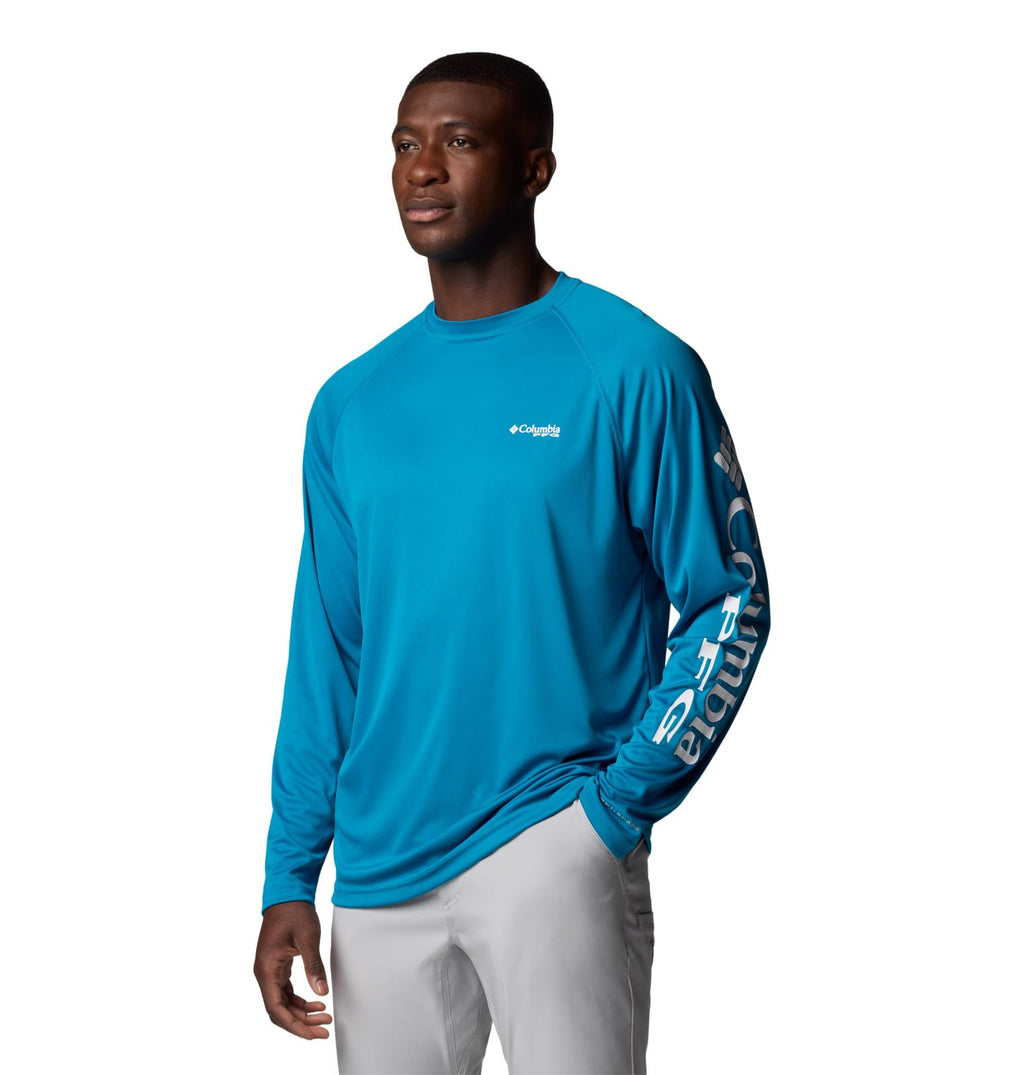 Columbia Men's PFG Terminal Tackle Long Sleeve Fishing Shirt, Blue Echo/White Logo, 3X Tall