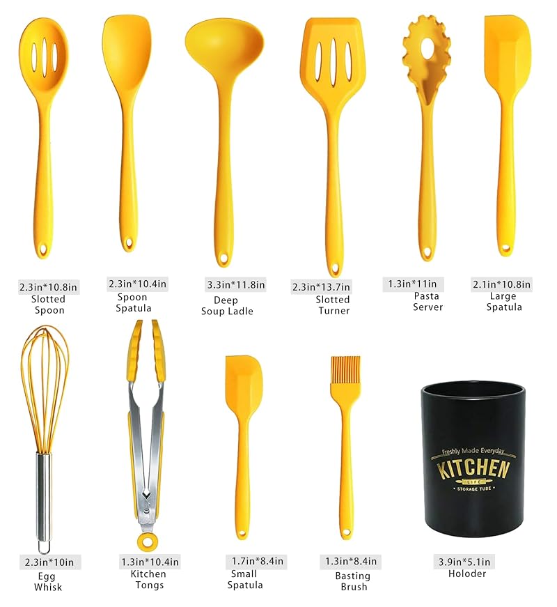 Silicone Cooking Utensil Set - 11 Pcs Heat-Resistant Kitchen Tools (Yellow) BPA Free