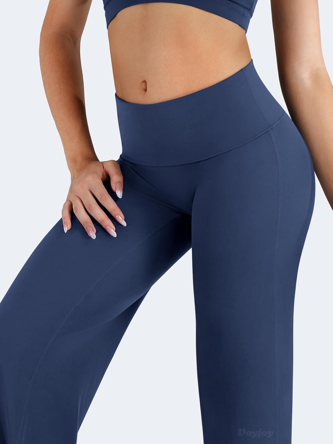 VOYJOY Women's Fold Over Straight Leggings - No Front Seam, Mid Low Waist, 31.5" Stretch Yoga Pants