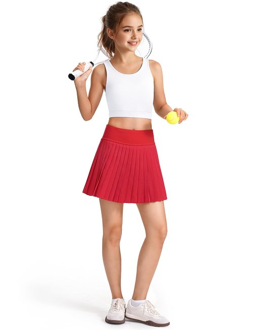 JOCMIC Girls Tennis Skirt with Shorts Athletic Pleated Skort with Pockets for Golf Workout Running Red 7-8 Years