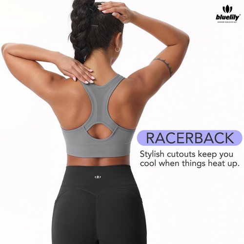 BLUELILY Women's Sports Bras 3 Pack Racerback Medium Support Bras V-Neck Padded Workout Seamless Yoga Athletic Bras