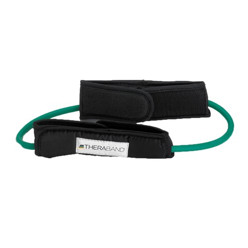 THERABAND Resistance Tubes, Professional Latex Elastic Tubing For Physical Therapy, Lower Pilates, At-Home Workouts, & Rehab, 12 Inch With Padded Cuffs, Green, Heavy, Level 3