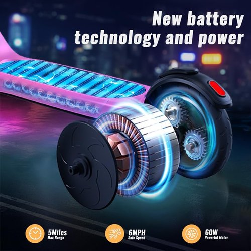Electric Scooter for Kids Age 6-12, 60W Motor, 5Miles Range, 6.2mph, 5.3" Rubber Tires w/RGB Wheel Lights & 7-Color Headlight, 3 Adjustable Height, Anti-Slip Footpad/Handle, Rear Brake(Pink)