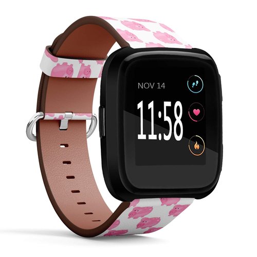 Q-Beans Replacement Band, Compatible with Fitbit Versa/Versa 2 / Versa Lite - Leather Band Bracelet Strap Wristband Accessory with Quick-Release Pins // Pig Piggy Bank