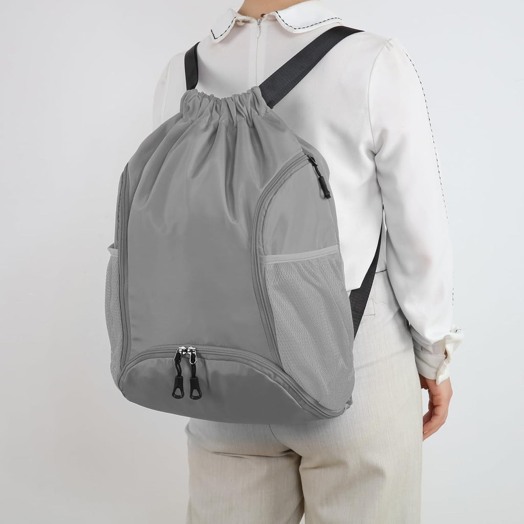 Valleycomfy Sports Gym Bag - Drawstring Backpack with Shoe Compartment & Two Water Bottle Holders | Grey