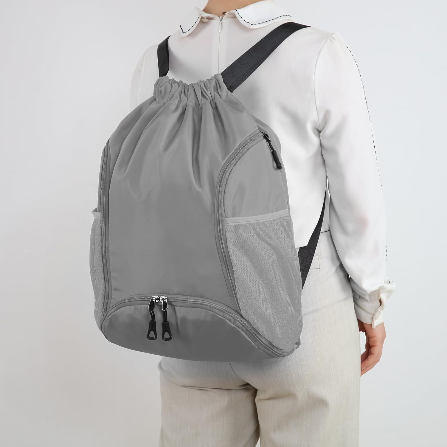 Valleycomfy Sports Gym Bag - Drawstring Backpack with Shoe Compartment & Two Water Bottle Holders | Grey