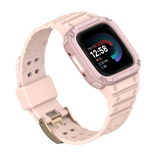 Feigand Compatible for Fitbit Versa 4/3/2/ Fitbit Versa Lite/Sense 2/Sense Bands with Case, Rugged Sports Protector PC Cover TPU Wristbands for Men Women, Green (Pink)