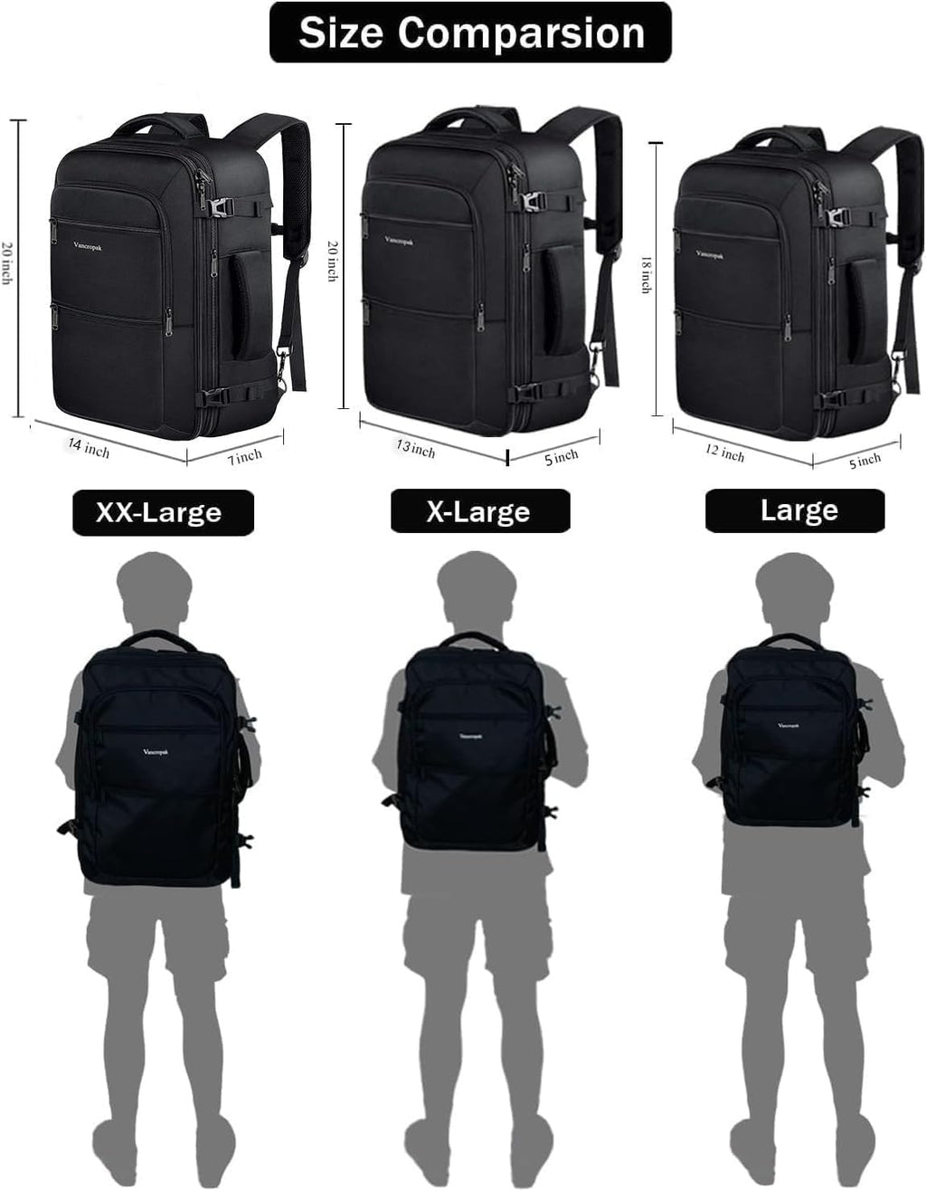 Vancropak Carry-On Backpack - 40L Expandable Travel Bag | Flight Approved & Water Resistant, Black