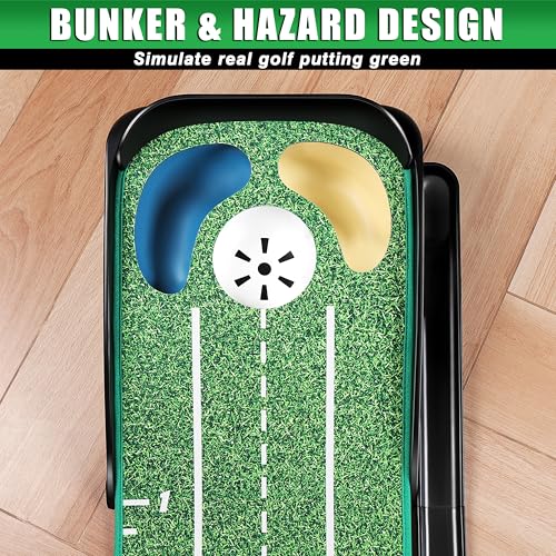 CHAMPKEY Green Golf Putting Mat with Bunker & Water Hazards, Mirror & Gates - Progressive Slope & Noise Reduction Tech