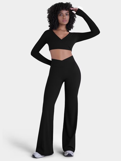 Sunzel Women Hidden Butt Lift Flare Yoga Pants No Front Seam V Crossover High Waist Flare Leg Lounge Workout Flared Leggings Black