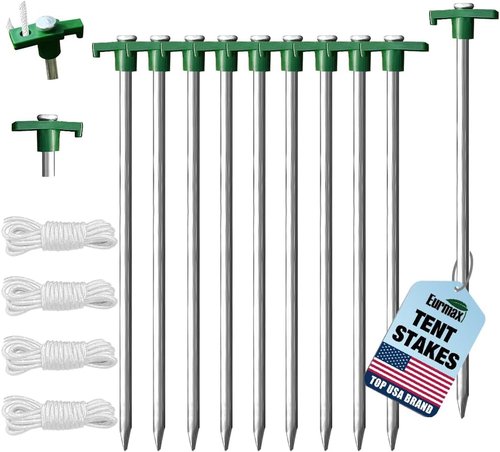 Eurmax USA Galvanized Tent Stakes - Heavy Duty Rust-Proof Steel Anchors for High Winds | 10-Pack with Ropes