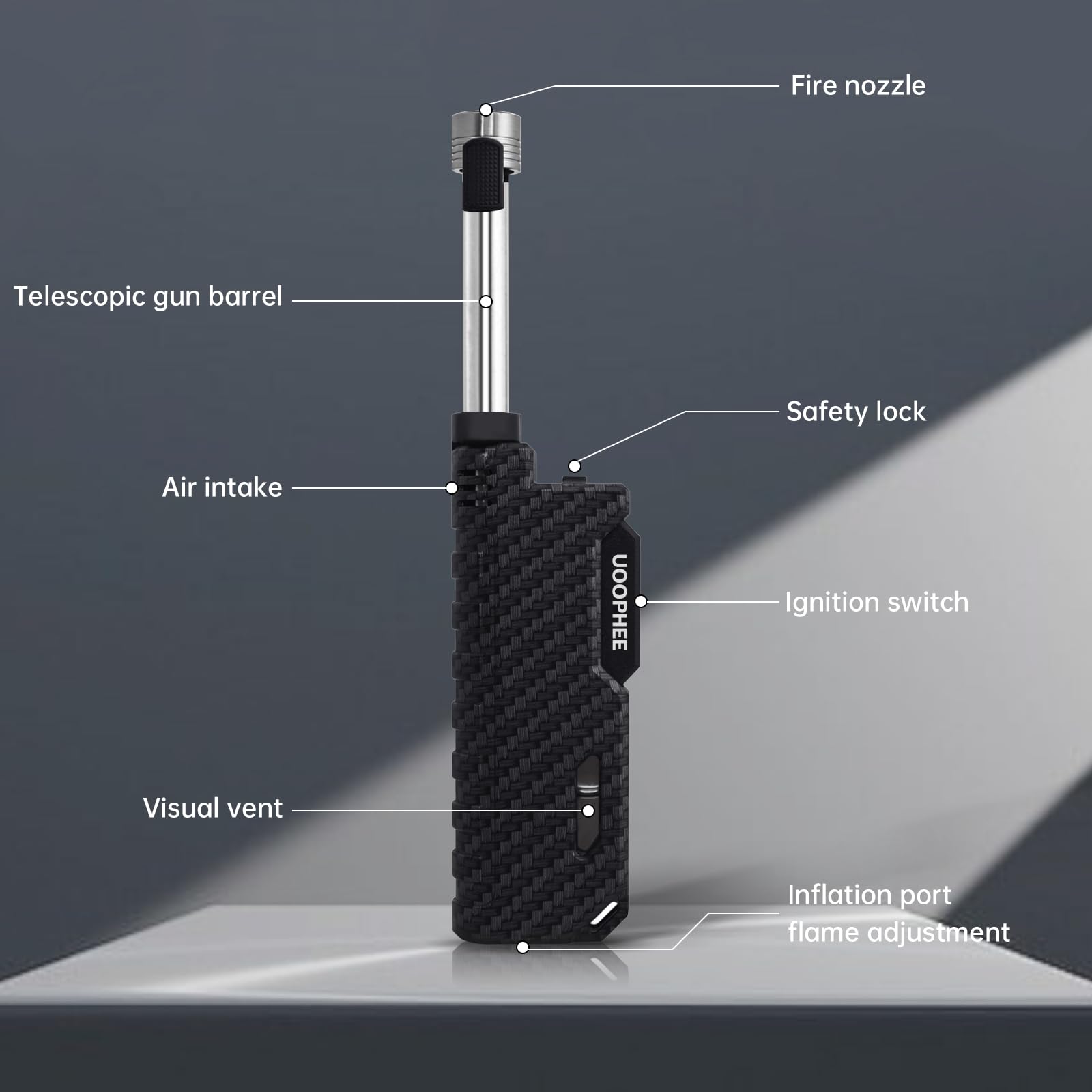 Torch Lighter with Flame Lock, Windproof Butane Lighter Refillable Single Jet Flame, 7.63" Extended Long for Candle, Camping, Grill, BBQ, Fireworks (Butane not Included) Black