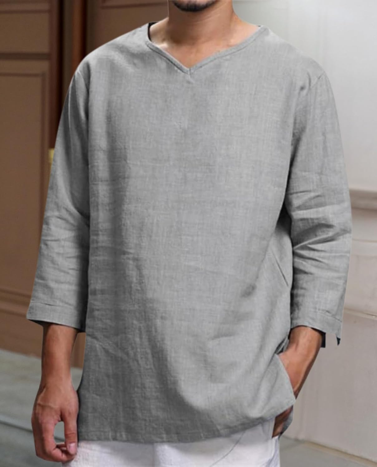 Skiennix Men's Cotton Linen Shirt - Lightweight 3/4 Sleeve V-Neck for Casual Spring & Summer Wear