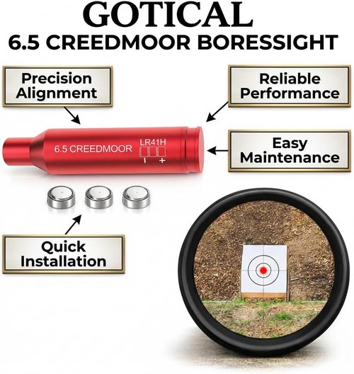 Gotical Red Laser Bore Sighter - Compatible with 6.5 Creedmoor Cartridge | Anodized Red, Battery Included
