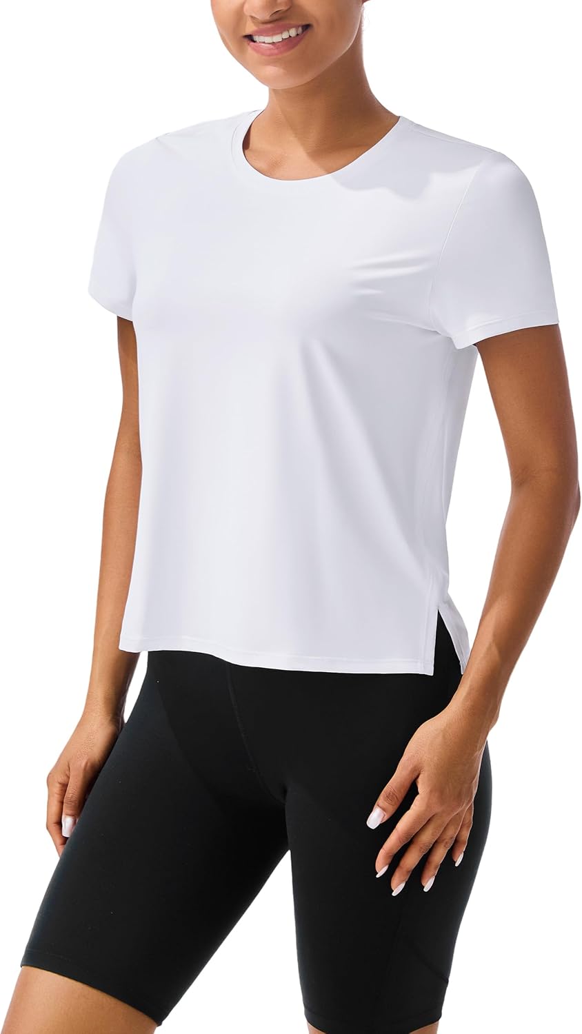 Skiennix Ice Silk Women's Short Sleeve Workout Shirt - Loose Fit with Side Slits | Athletic Tee Top