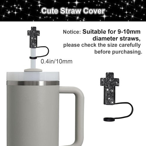 VirgoCCY 5PCS Stanley Cup Accessories Set 30&40 Oz, Includes 1 Glitter Straw Covers, 1 Glitter Handle Strap, 1 Straw Adapters Charm Blank with 1 Cross Charms and 1 Glitter Silicone Boot, Black