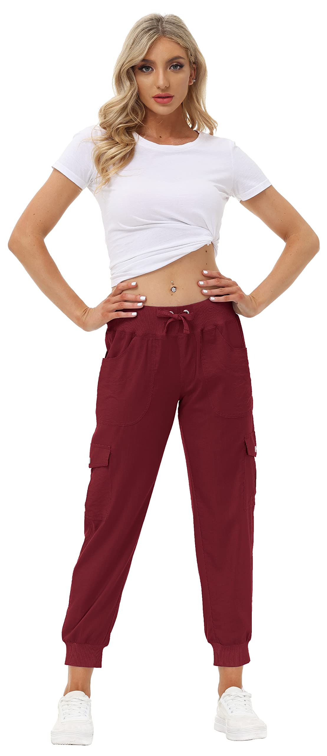 MoFiz Hiking Cargo Pants for Women with Pockets Lightweight Quick Dry Athletic Outdoor Summer Travel Casual Joggers Sweatpants Wine Red XL