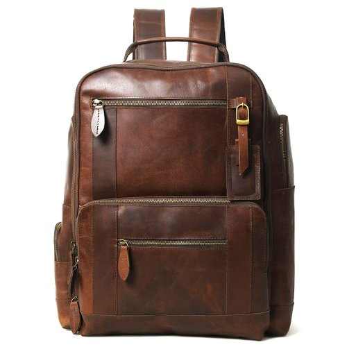 Buffalo Leather Backpack for Men 16 Inch| Vintage Leather Backpack Multi Pockets Business Travel Daypack| Full Grain Brown Leather Shoulder Rucksack Knapsack