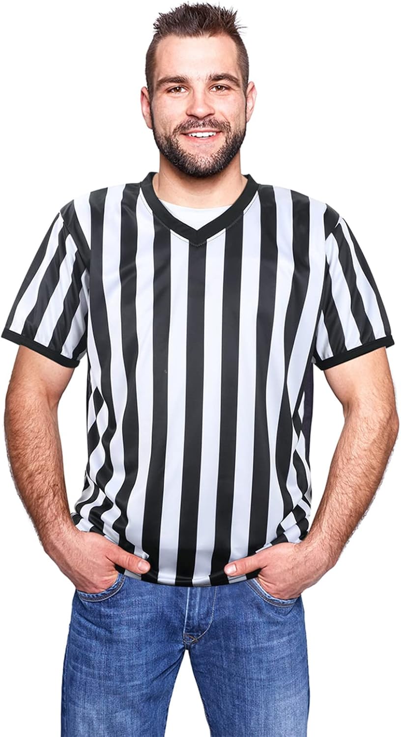 SATINIOR Men's Pro-Style Referee Shirt - Black and White Stripe Umpire Jersey with Whistle & Lanyard