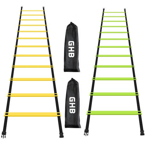 GHB Pro Agility Ladder 2 Pack Agility Training Ladder Speed 12 Rung 20ft with Carrying Bag (Yellow and Green)