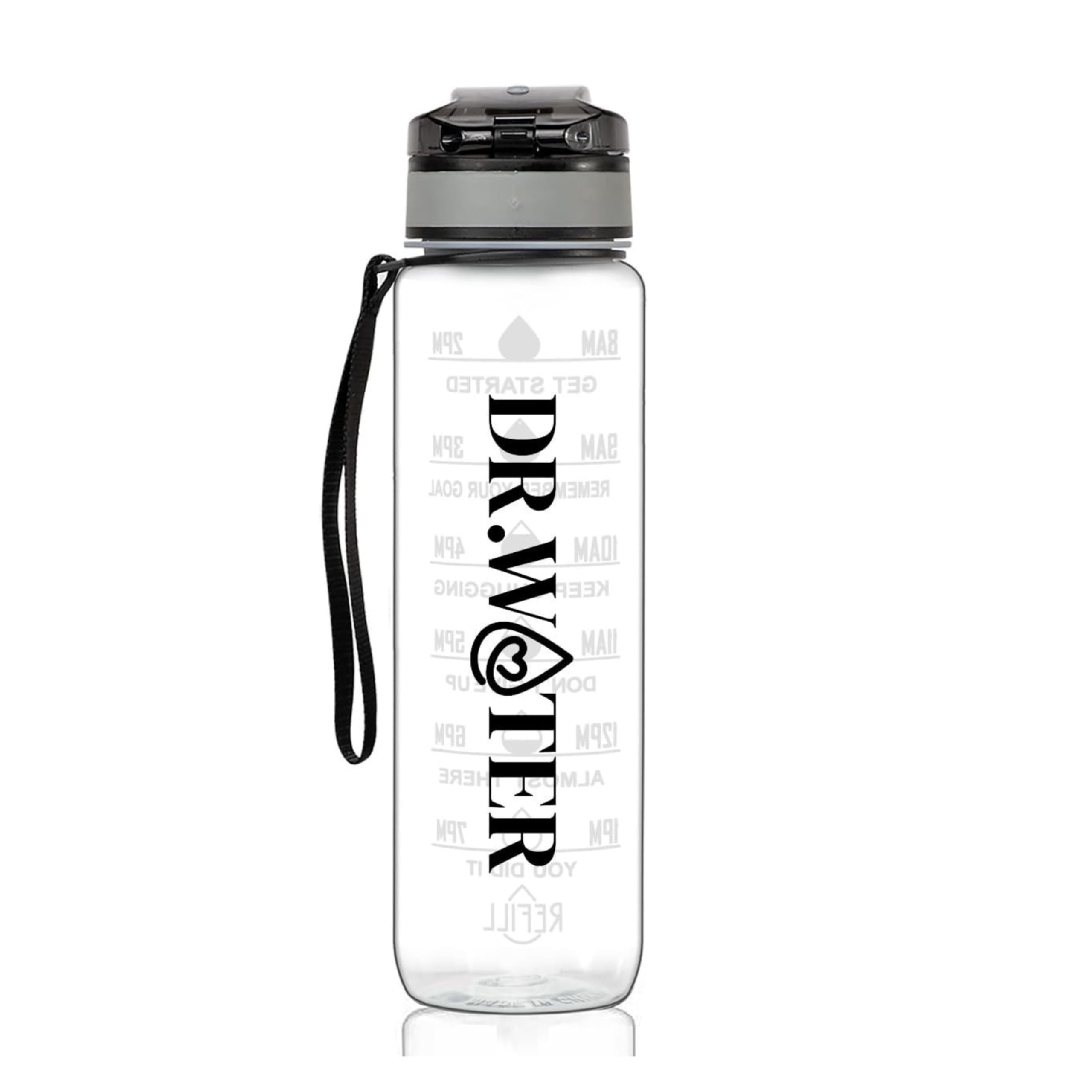 Dr. Water Sports Water Bottle, 32oz Motivational Sports Water Bottle with Time Marker - Times to Drink - Tritan, BPA Free, Wide Mouth Leakproof, Grey (1 Bottle) Transparent see through