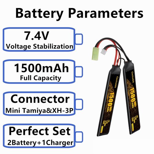 Cecicebb 7.4V 1500mAh Lipo Battery with Mini Tamiya Plug Rechargeable 30C Fit for Airsoft Model Guns 2S Airsoft Battery with 7.4V Charger Cable