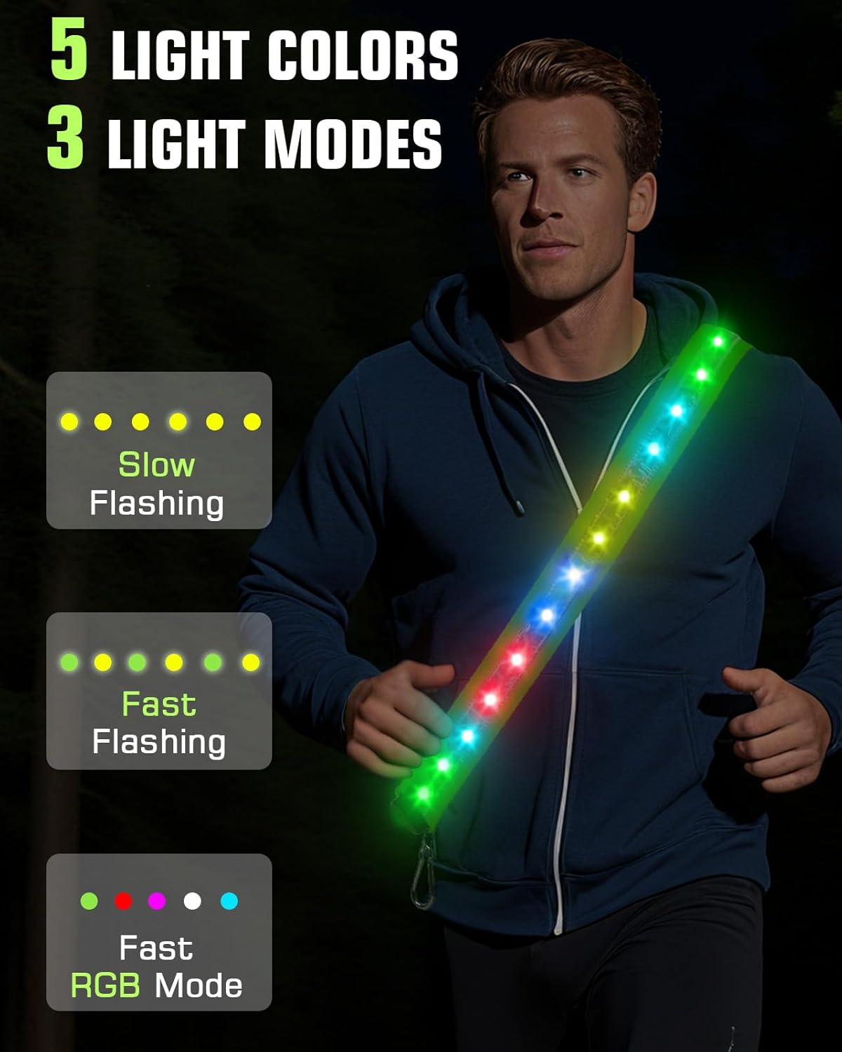 Zacro LED Reflective Vest - High Visibility Safety Gear with 5 Colors & 3 Light Modes | Rechargeable for Night Walking