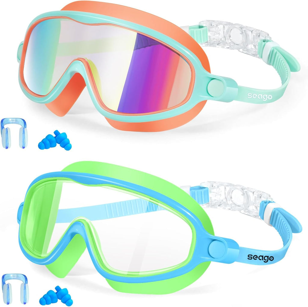Seago Swim Goggles - Anti-Fog & UV Protection - Wide View for Kids Ages 3-14 | 2 Pack