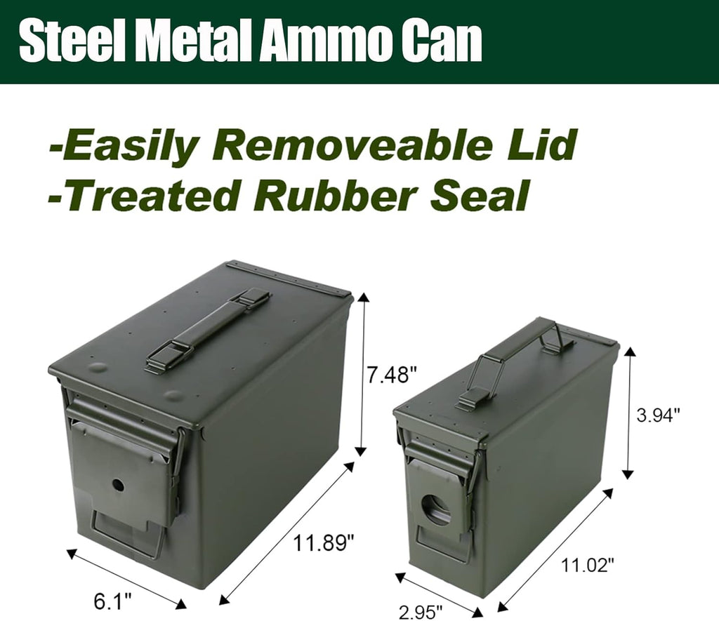 Steel Metal Ammo Can Case Set - 30 Cal & 50 Cal Military-Grade Storage Box for Shotgun & Rifle Ammo