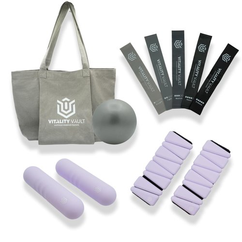 Vitality Vault Pilates Pro Power Pack - Workout Essentials - 2.2lb Hand Weights, 2.2lb Ankle Weights/Wrist Weights, Resistance bands, Pilates Ball, Canvas Tote Bag - For Beginners or Advanced - Home or Gym/Studio Use. (Lavender)