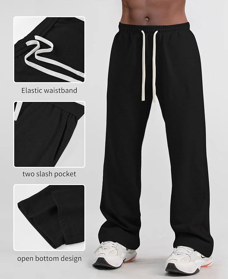Time Leap Men's Baggy Sweatpants with Pockets, Open Bottom Wide Leg - Black, Large