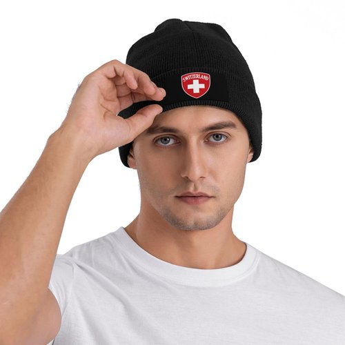 KOSUES Switzerland Coat of Arms Suisse 1291 Stretchy Knit Beanie Hat Unisex Warm Knitted Hats Winter Ski Skull Caps Acrylic Knit Stocking Cuffed Cap Cold Weather Watch Cap for Hiking Skiing Red