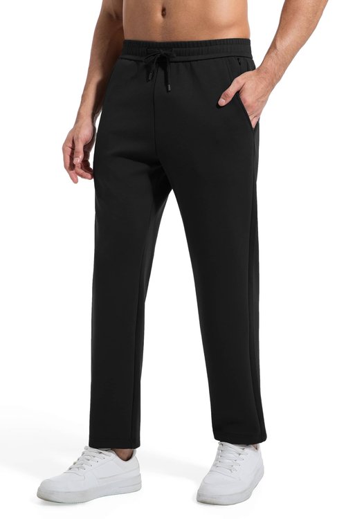 AbleTree Men's Heavyweight Sweatpants 28-29" Inseam Short Length, Cotton Stretch Casual Lounge Pants for Fall Winter, Straight Fit with Zip Pockets Black