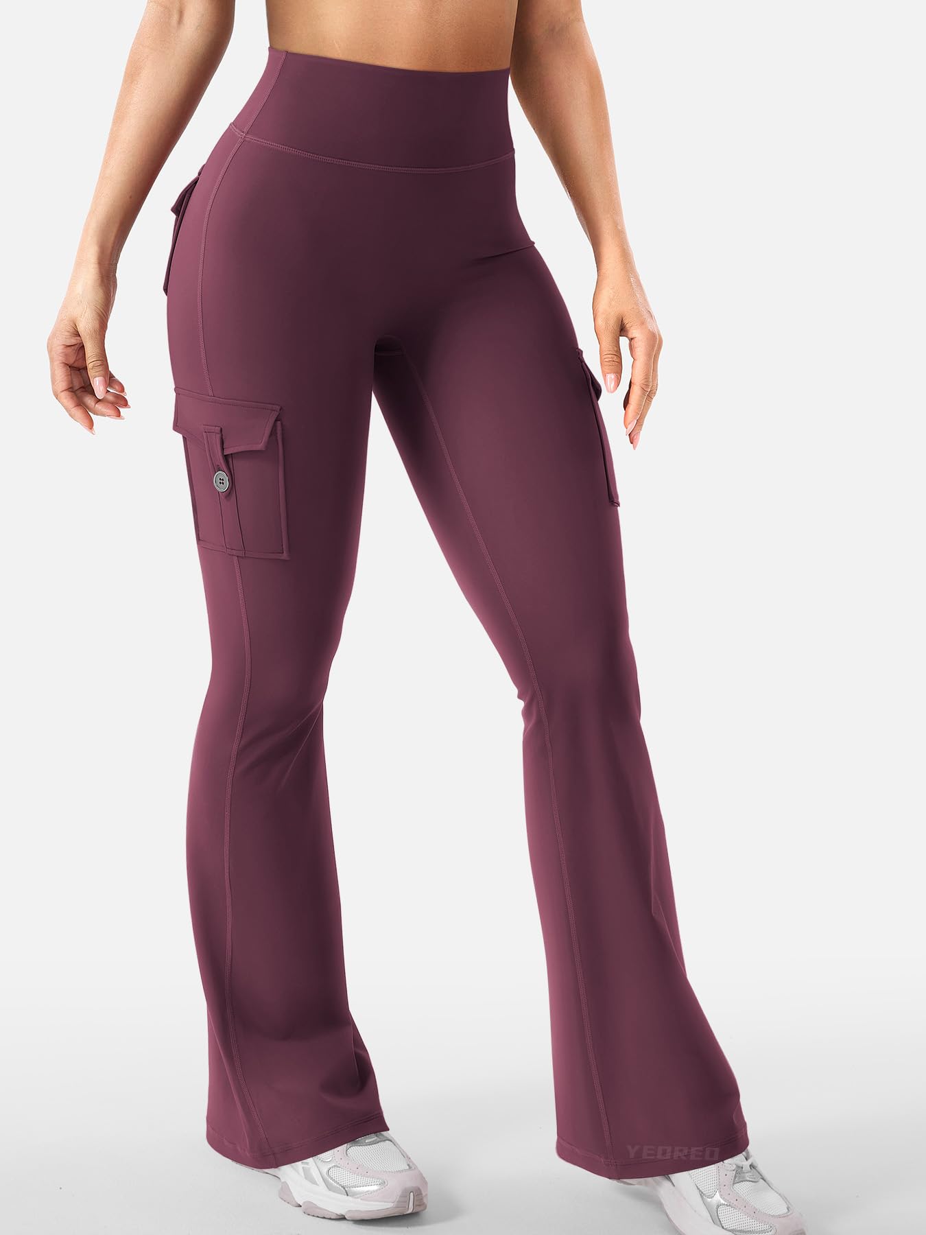 YEOREO CoreFlex Women Workout Flare Leggings with Pockets Hidden Scrunch Cargo Gym Yoga No Front Seam Leggings Black Cherry S