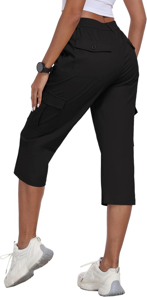 MoFiz Women's Cargo Capris Pants - Lightweight Cotton with 6 Pockets for Hiking & Travel