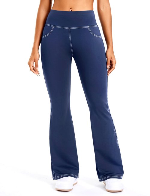 DemonQueen Women's Flare Yoga Pants，High Waisted Tummy Control Fitness Yoga Pants，Bootcut Pants for Women (US, Alpha, X-Large, Regular, Regular, Navy-Blue-White Line)