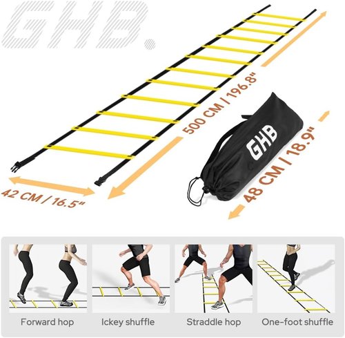 GHB Agility Ladder Set - 1 Agility Ladder with 50 Disc Cones & 2 Carrying Bags for Training