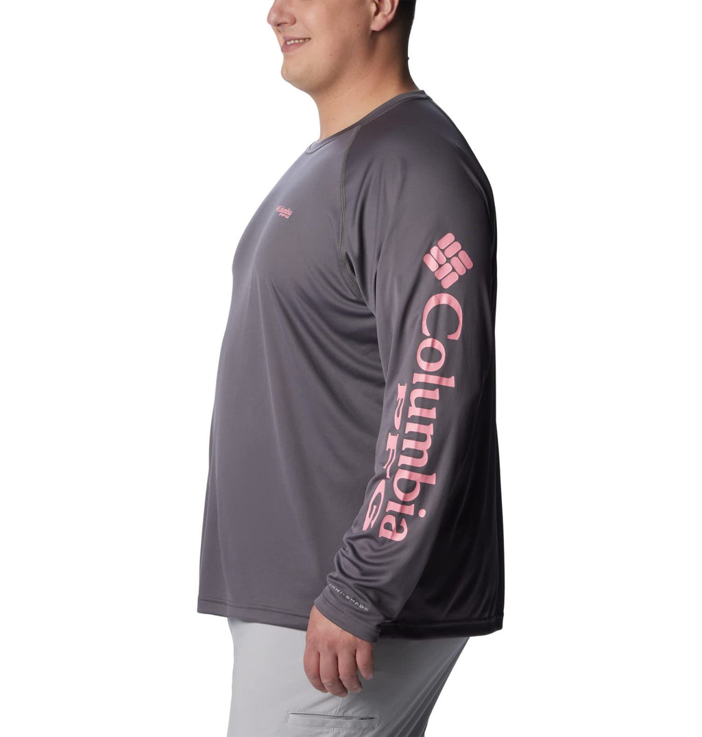 Columbia Men's Terminal Tackle Long Sleeve Shirt, City Grey/Pink Pop Logo, Large Tall