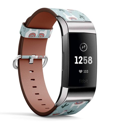 Compatible with Fitbit Charge 3 & 3 SE - Leather Wristband Bracelet Replacement Accessory Band (Includes Adapters) - Llama Cactus