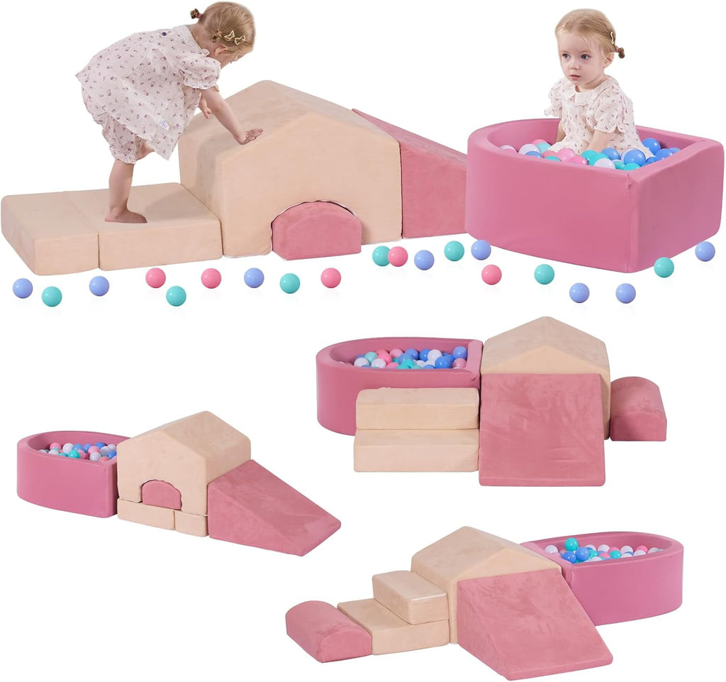 Skiennix 5-Piece Foam Climbing Blocks - Mini House-Shaped Soft Play Set with Ball Pit | Pink & Beige
