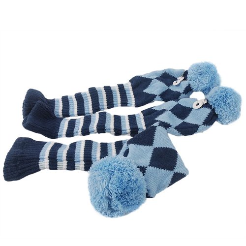 HIFROM 3pcs/Set Golf Club Argyle Knit Head Covers Headcovers Vintange Pom Pom Sock Covers 1-3-5 Compatible with Driver & Woods Blue & Dark Blue