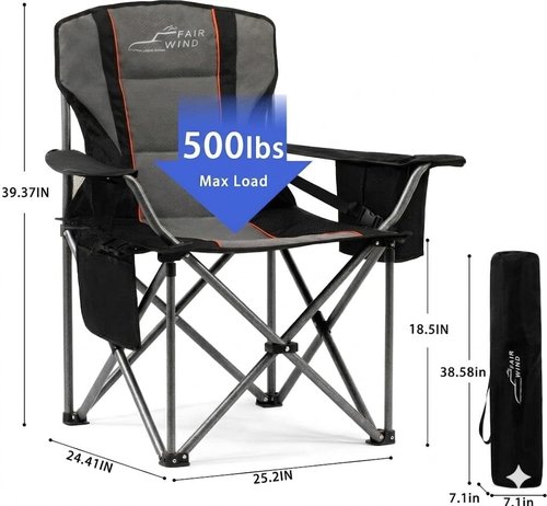 Fair Wind Oversized Camping Chair - 500LBS Capacity, Fully Padded, Adjustable Lumbar Support & Cooler Bag | Heavy Duty Folding Chair for Outdoor, Beach & Tailgating