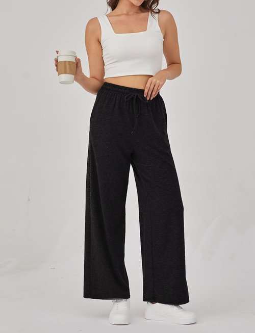 Arolina Black Fall Pants for Women Soft Lounge Wide Leg Sweat Pants Elastic Waist Mid-Weight Pajama Pants with Pockets