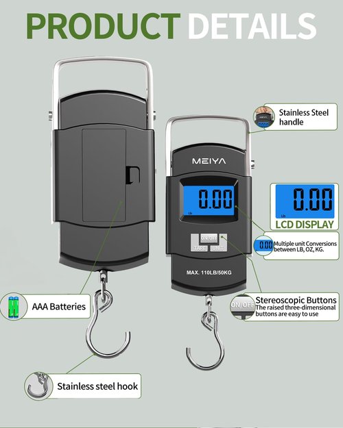 MEIYA Digital Fishing Scale - 110lb/50kg Capacity, Backlit LCD, Portable Handle & Stainless Steel Hook