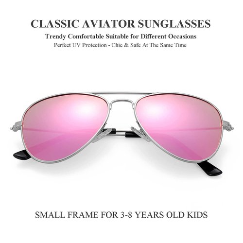 Kids Polarized Aviator Sunglasses for Little Girls Boys Age 3-8 (Silver/Rosepink Mirror)