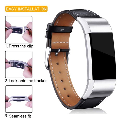 Mornex Replacement Leather Band Compatible with Fitbit Charge 2, Classic Genuine Leather Wristband for Men Women(Black-Silver Buckle)
